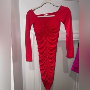 Red Long Sleeve Cinched Dress